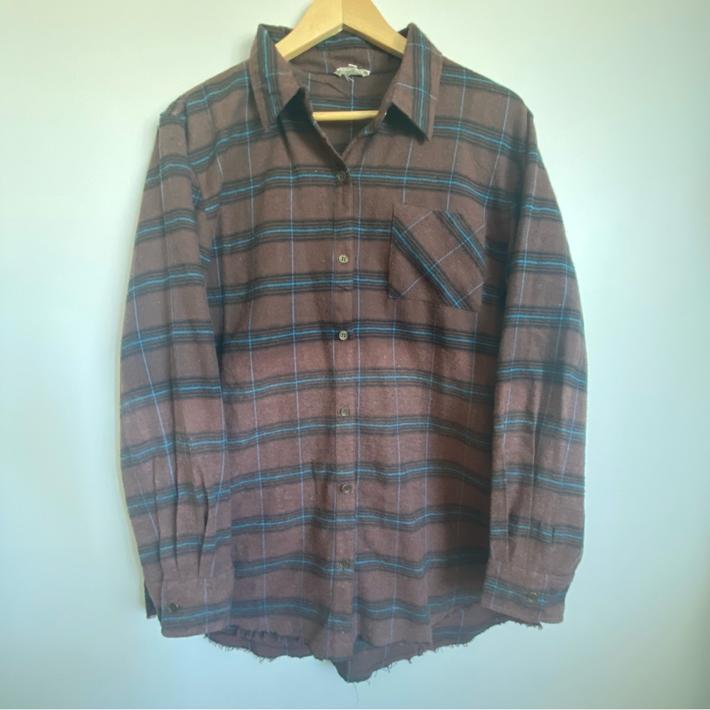 La Miel Plaid Shirt. Medium. Brown with blue, black. Oversized fit. Distressed.